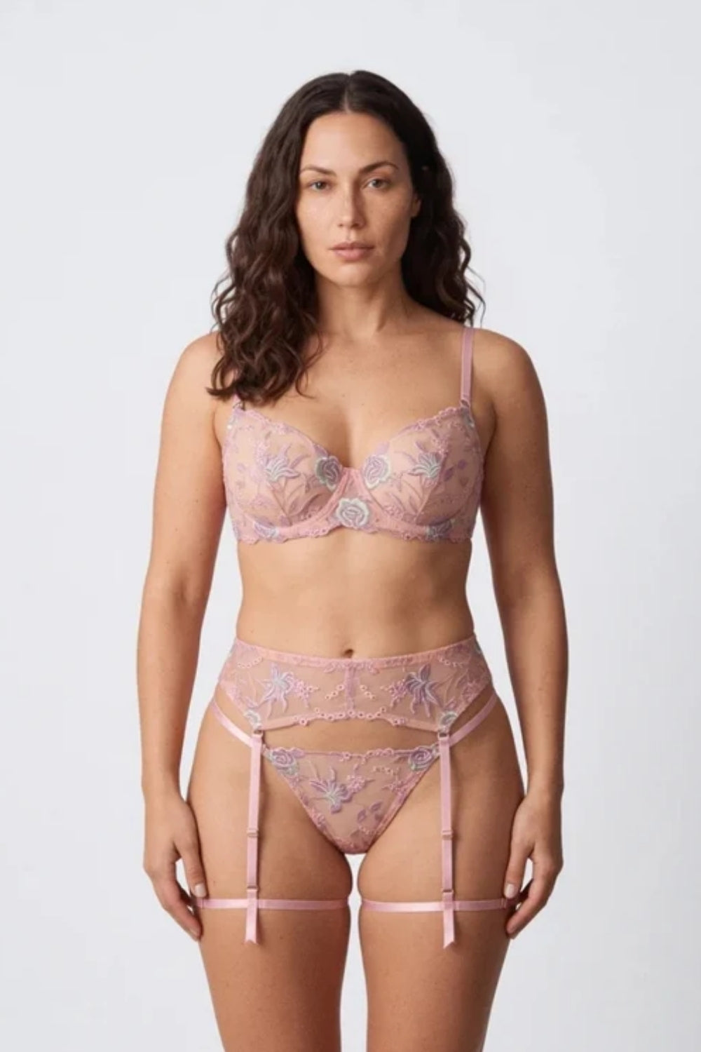 Model wearing pastel embroidered romance three-piece lingerie set in light pink, alternate view #Color_Light Pink