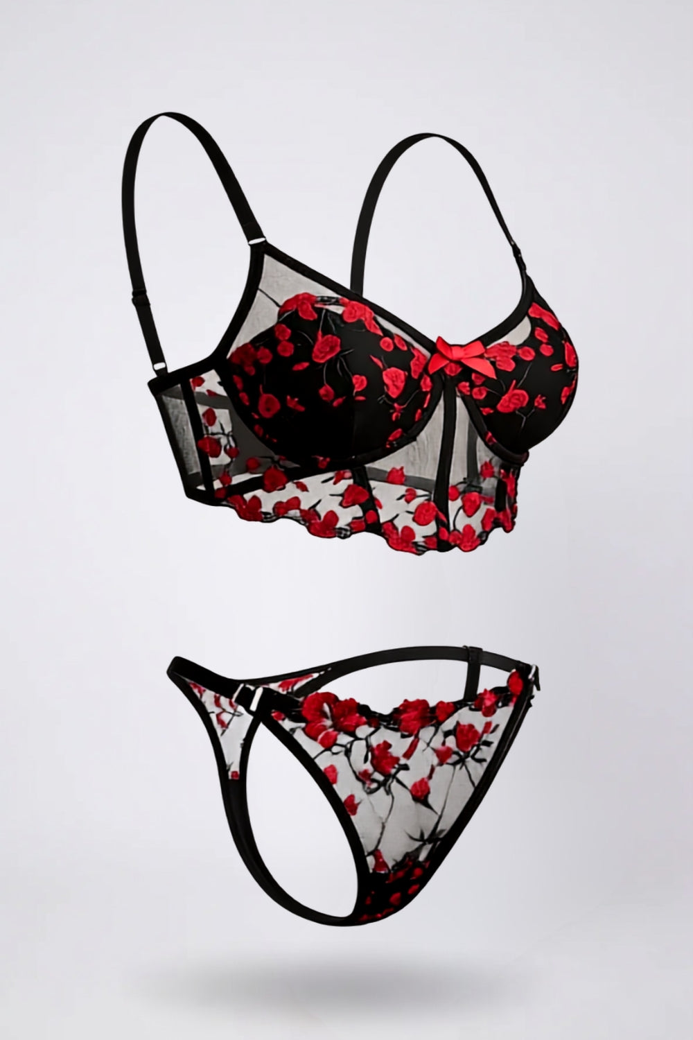 Romantic floral embroidery two-piece lingerie set in black#Color_Black