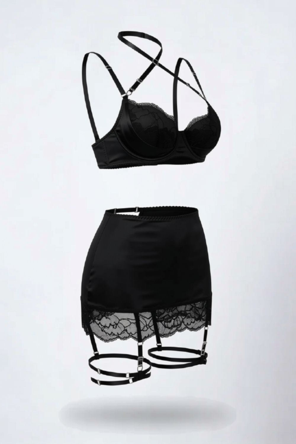 Satin lace garter three-piece lingerie set in black