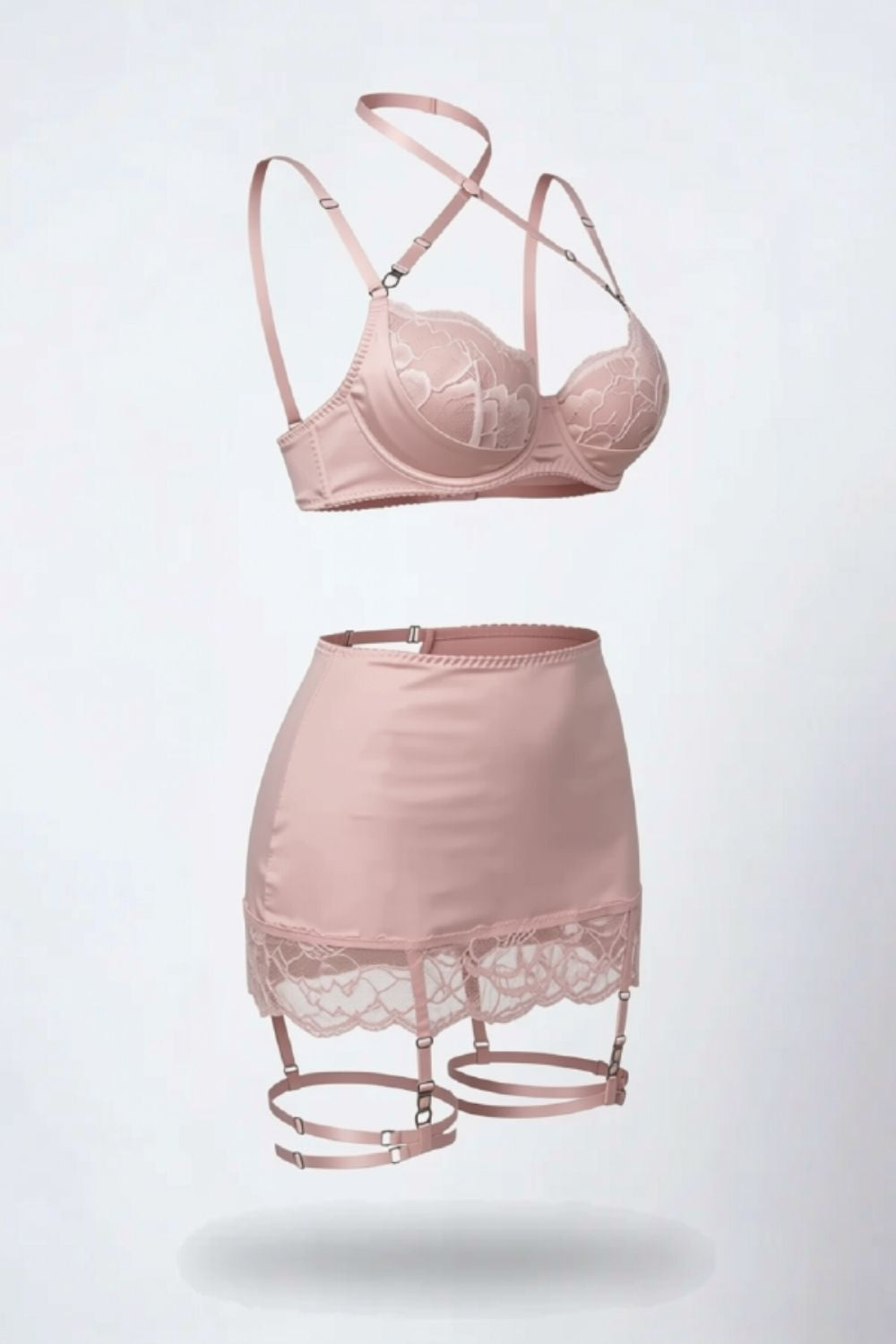 Satin lace garter three-piece lingerie set in pink