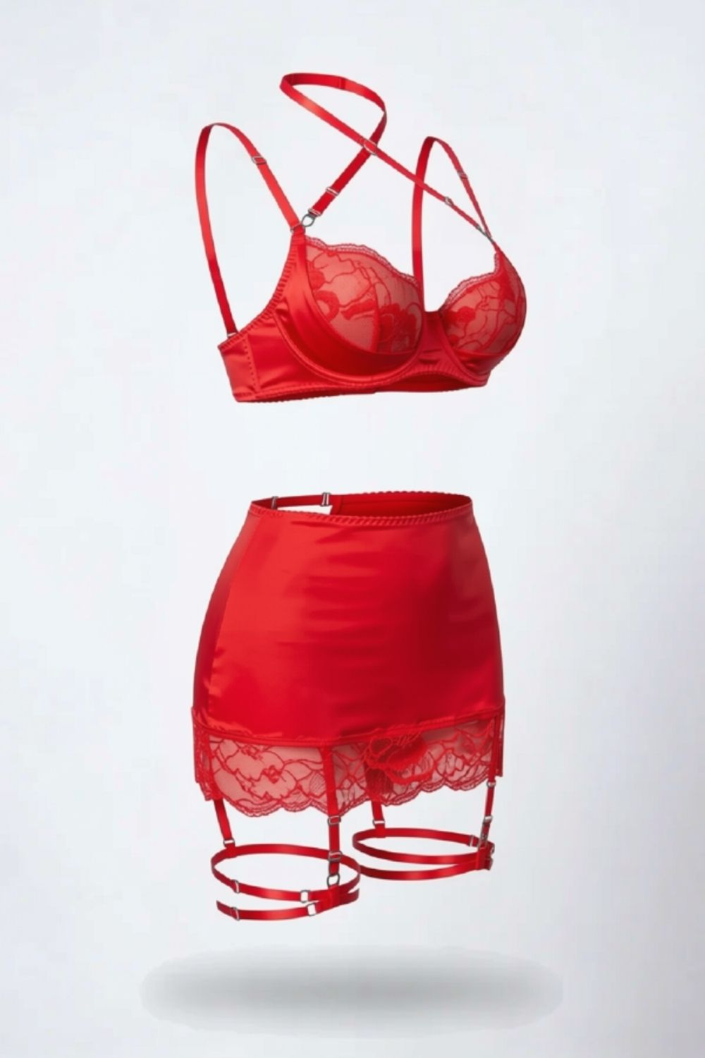 Satin lace garter three-piece lingerie set in red