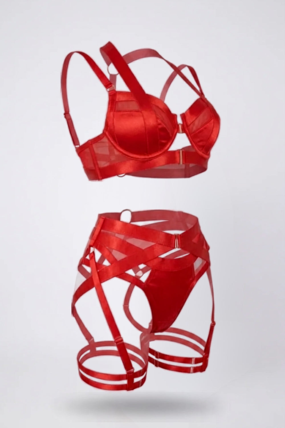 Satin strap silhouette four-piece lingerie set in red#Color_Red