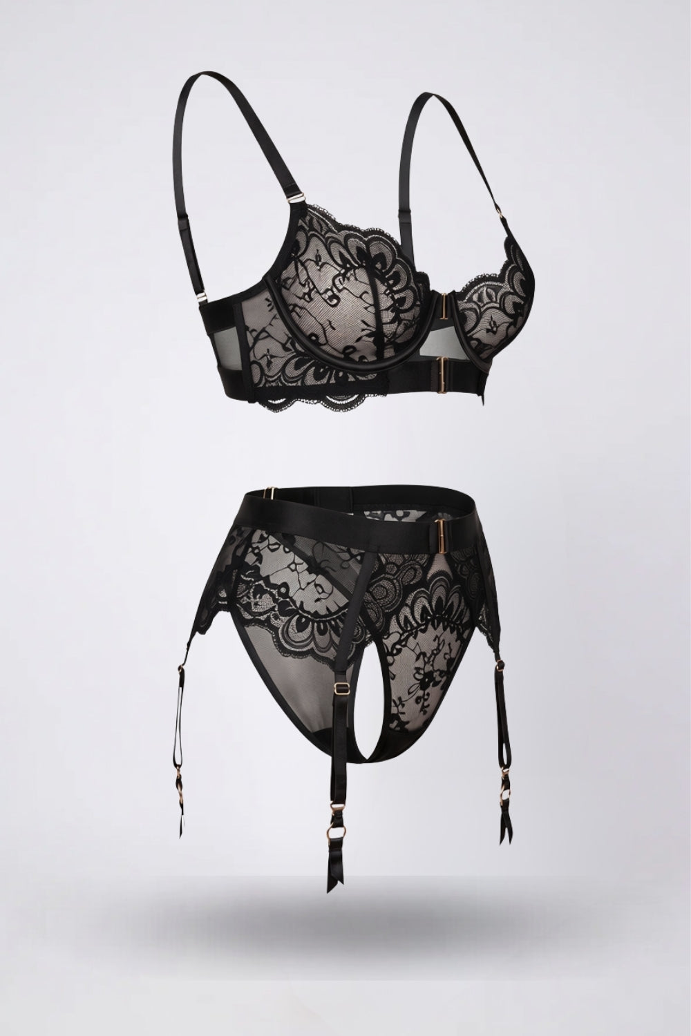 scalloped lace contrast four-piece lingerie set in black