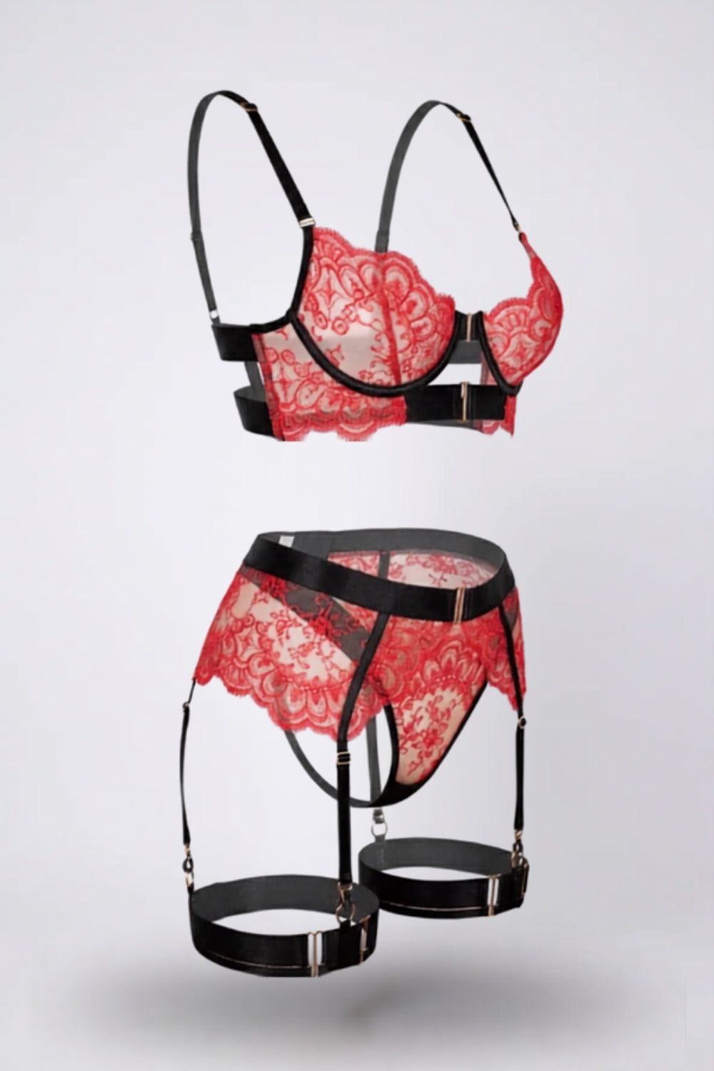 Scalloped lace contrast lingerie set in red