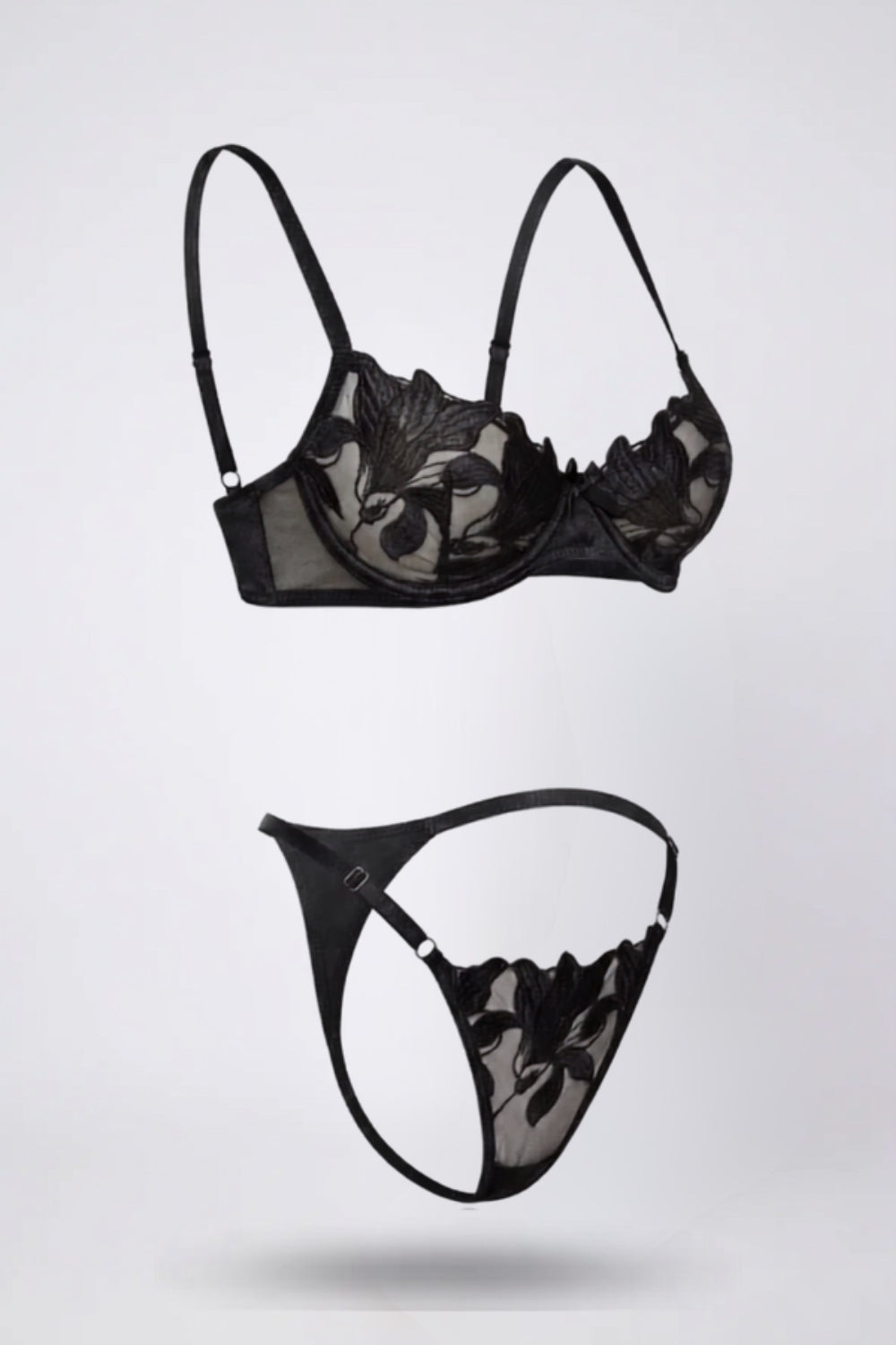 Sheer embroidered allure lingerie set in black #Color_Black