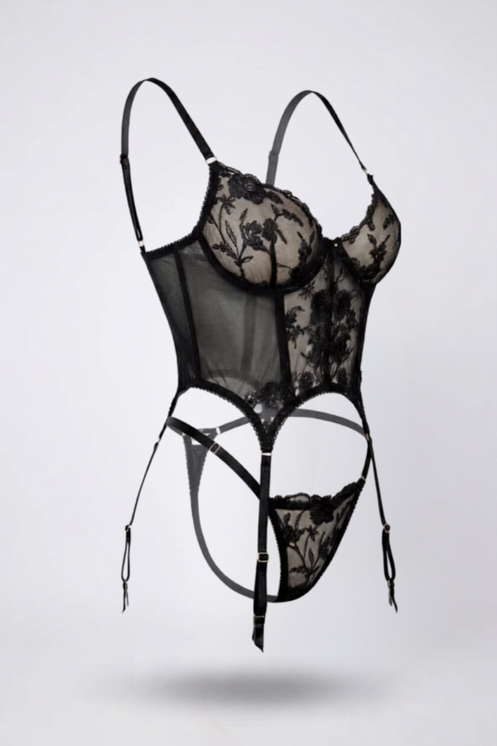 Sheer embroidered allure lingerie set in black #Color_Black