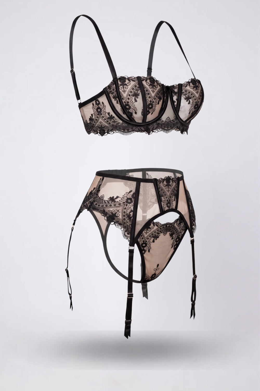 sheer embroidered elegance three-piece lingerie set in black #Color_Black