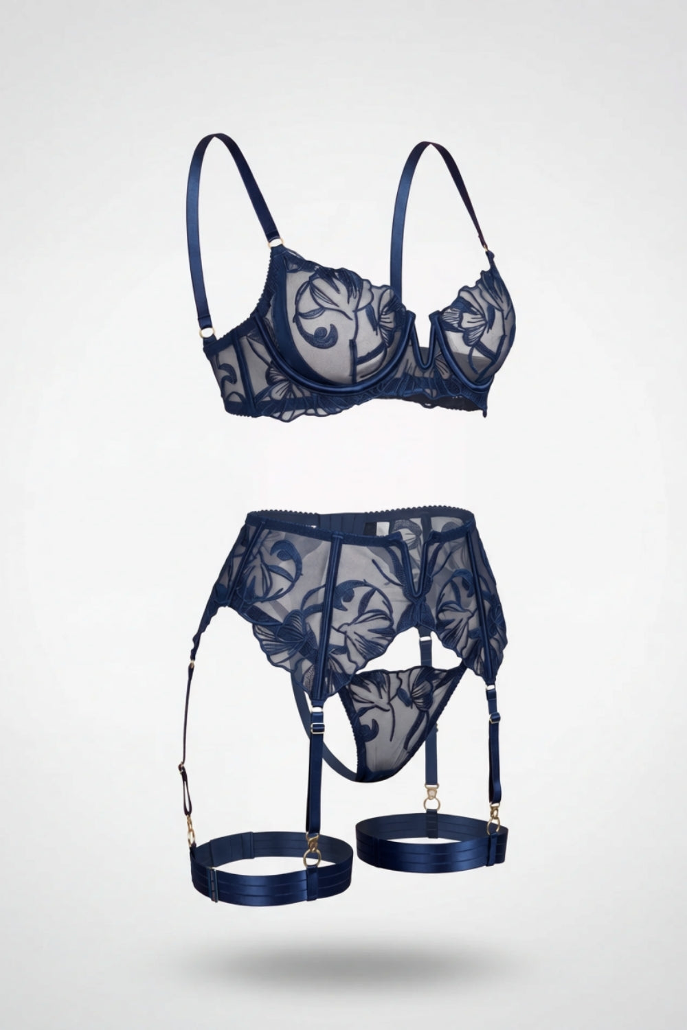 Sheer embroidered lace four-piece lingerie set in navy blue