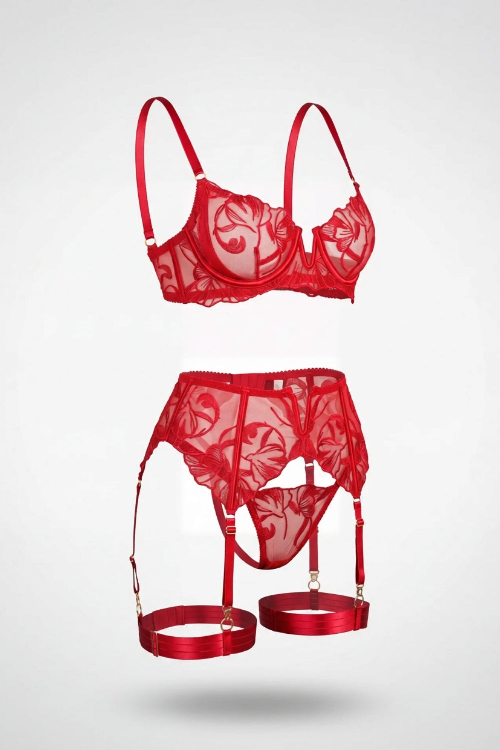 Sheer embroidered lace four-piece lingerie set in red