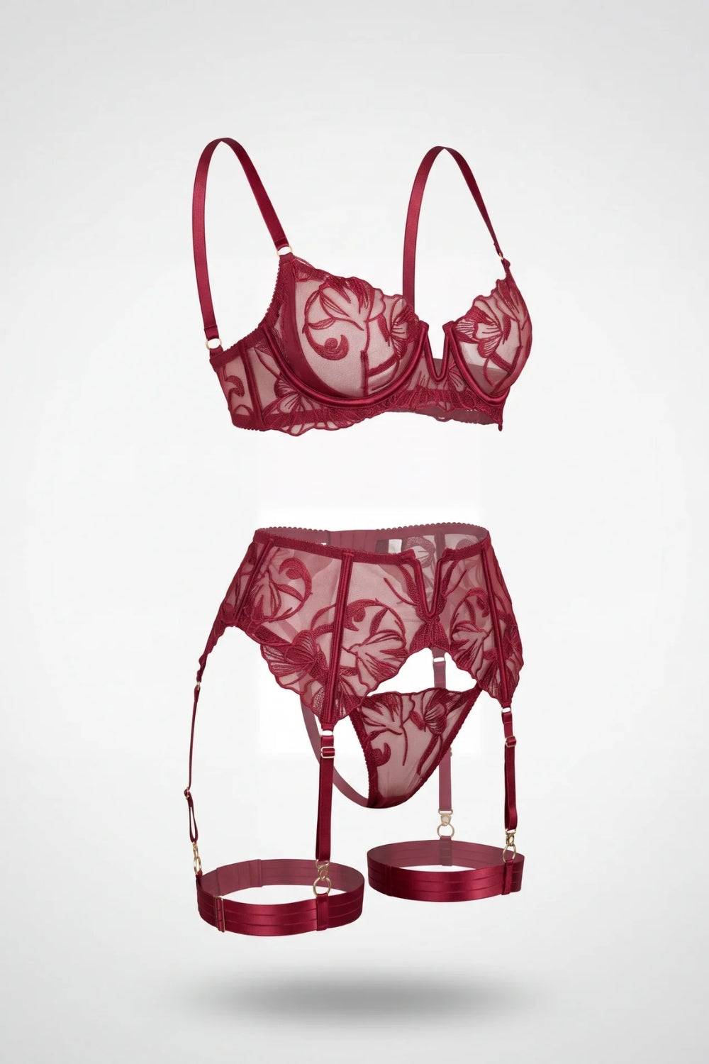 Sheer embroidered lace four-piece lingerie set in wine red