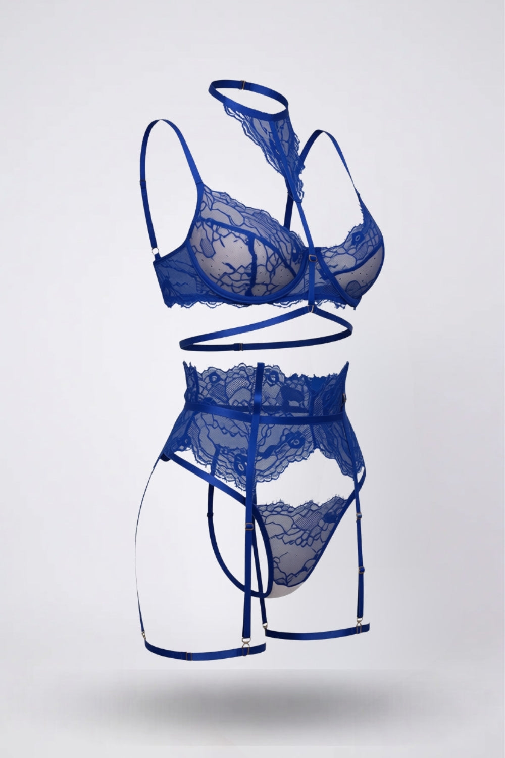 Sheer floral lace with garter straps four-piece lingerie set in blue