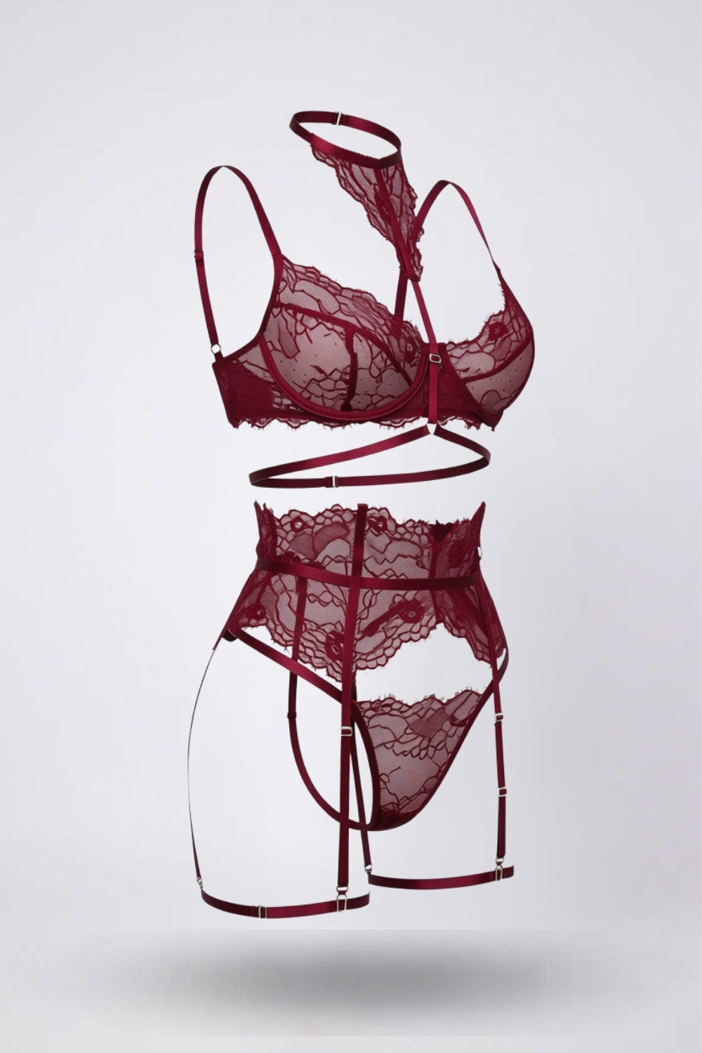Sheer floral lace with garter straps four-piece lingerie set in burgundy