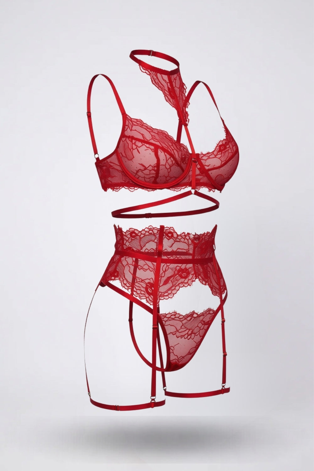 Sheer floral lace with garter straps four-piece lingerie set in red
