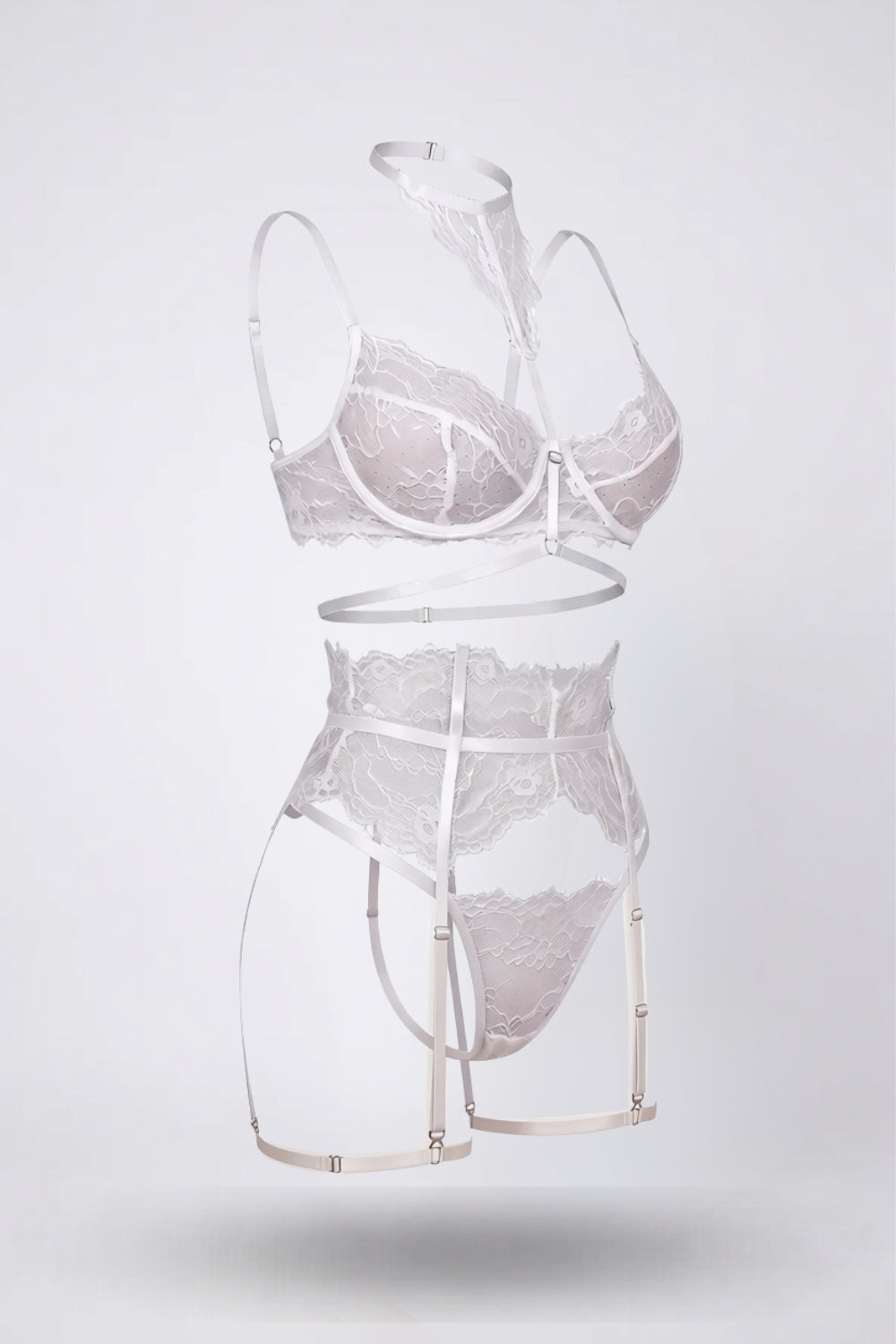 Sheer floral lace with garter straps four-piece lingerie set in white