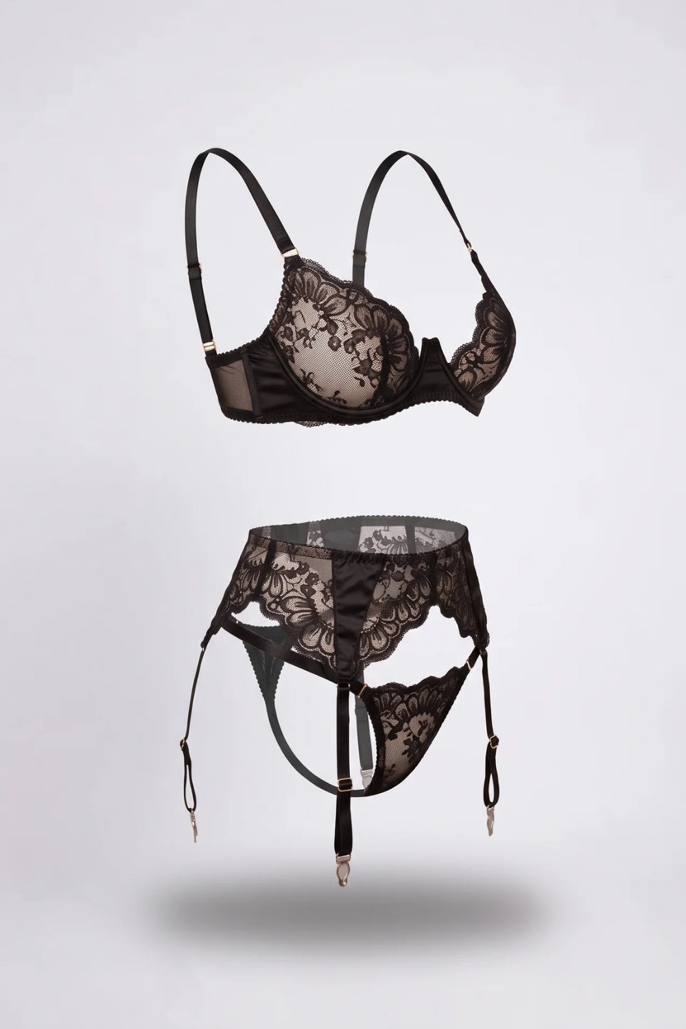 sheer lace elegance three-piece lingerie set in black #Color_Black
