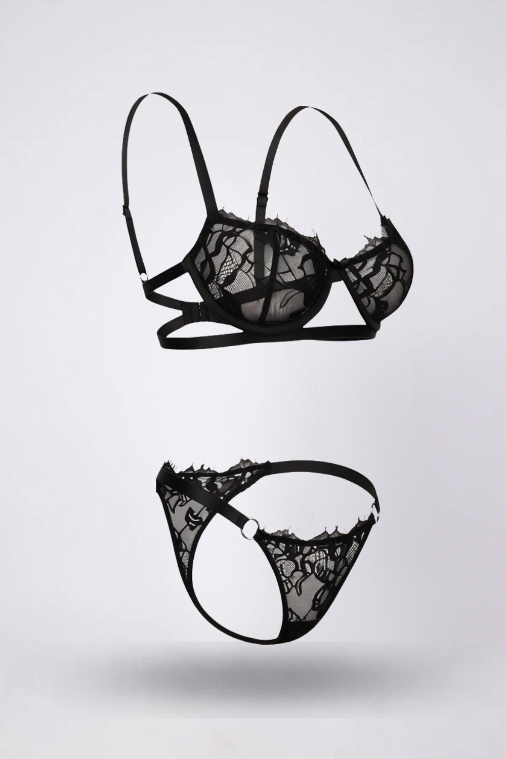 sheer lace underwire two-piece lingerie set in black