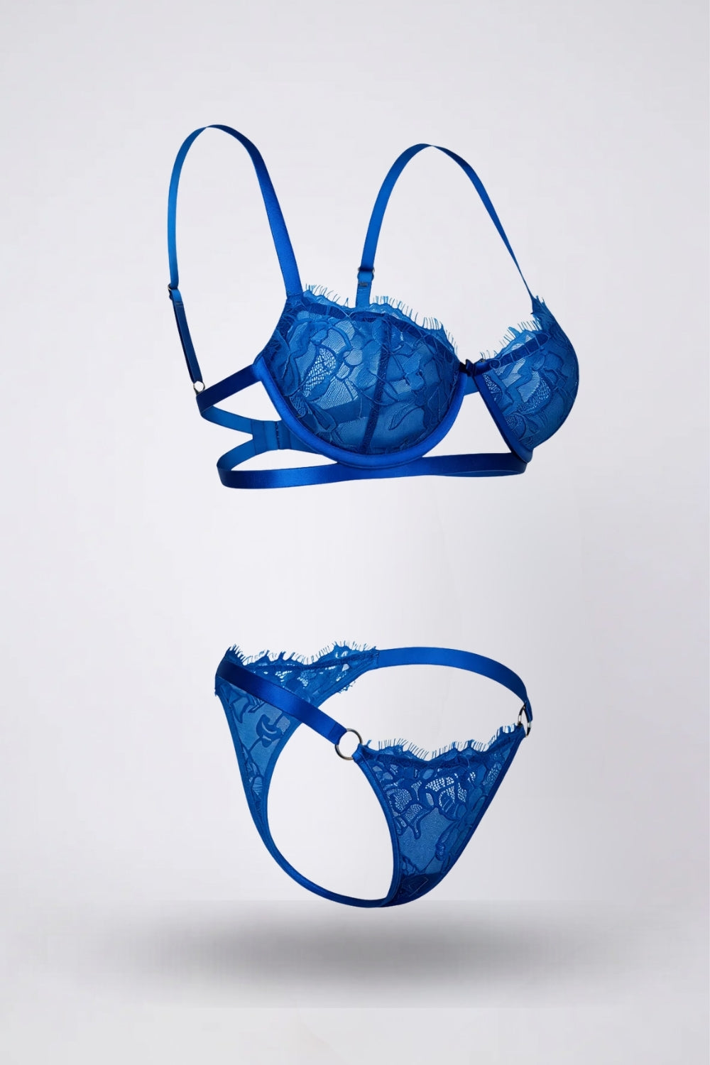 sheer lace underwire two-piece lingerie set in blue