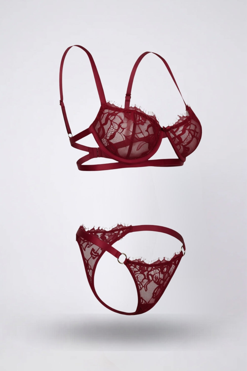sheer lace underwire two-piece lingerie set in burgundy