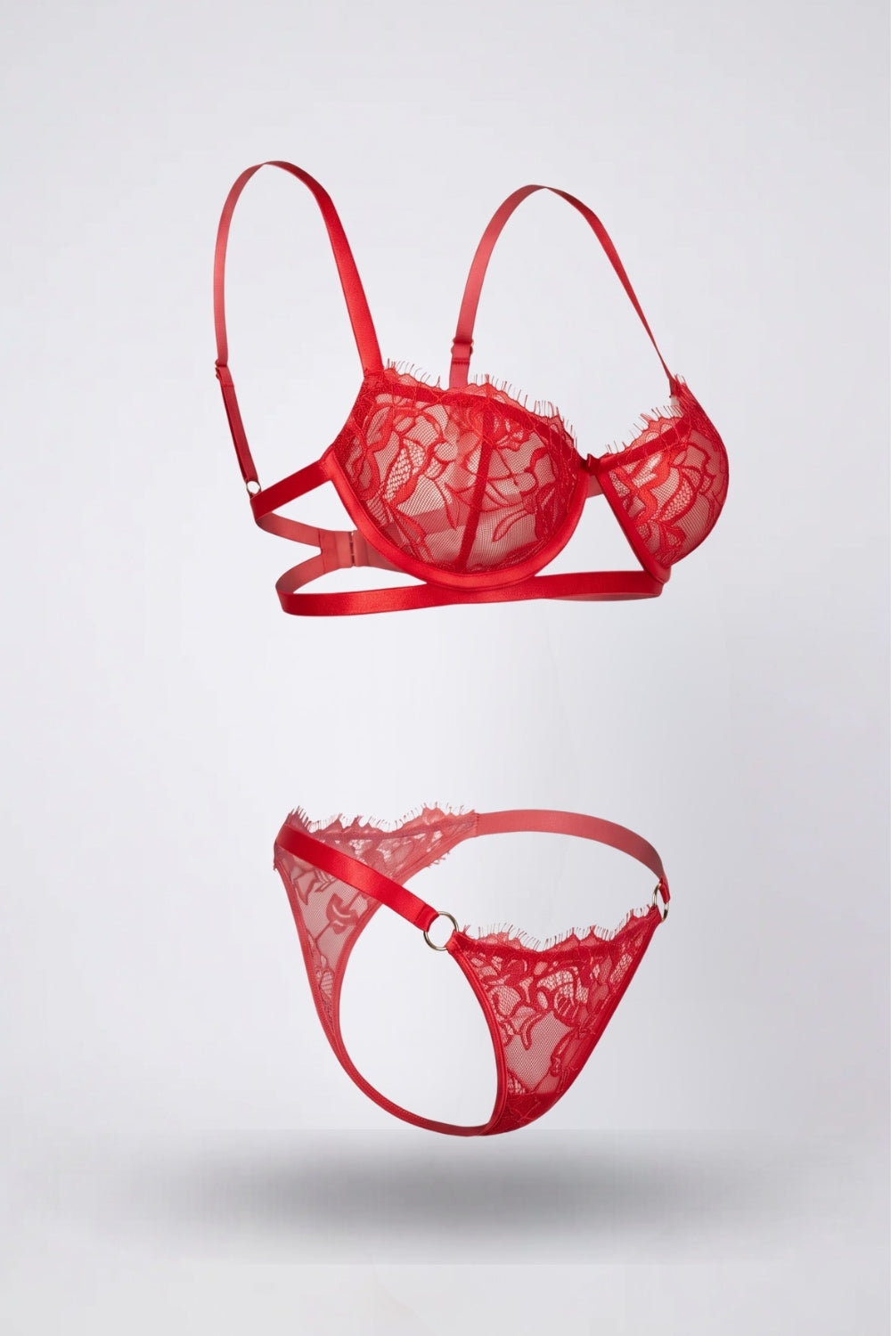sheer lace underwire two-piece lingerie set in red