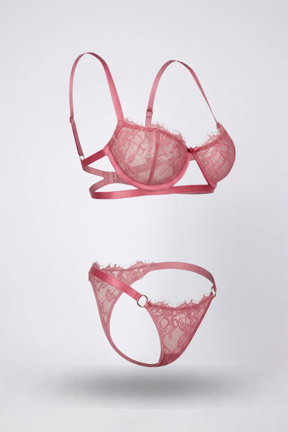 sheer lace underwire two-piece lingerie set in rose red