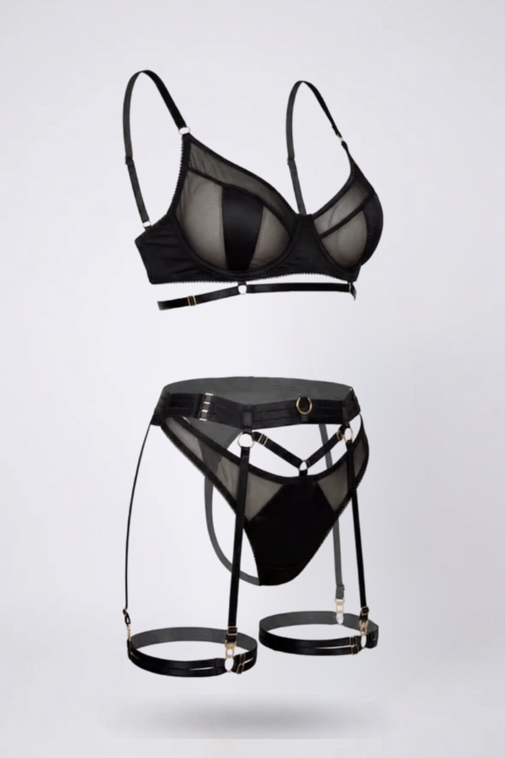 Sheer mesh strap detailing lingerie set in black #Color_Black