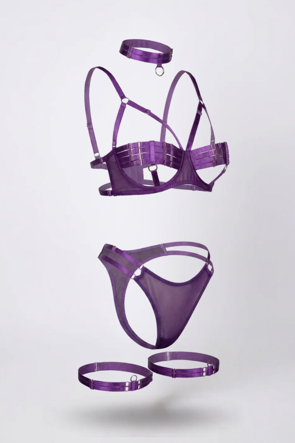 Strappy choker statement four-piece lingerie set in purple#Color_Purple