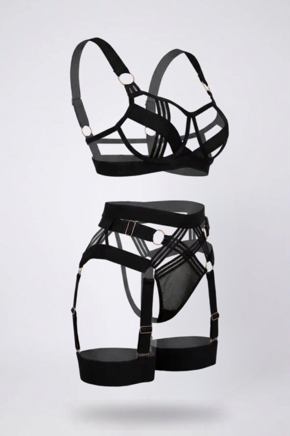 Strappy sheer design lingerie set in black #Color_Black
