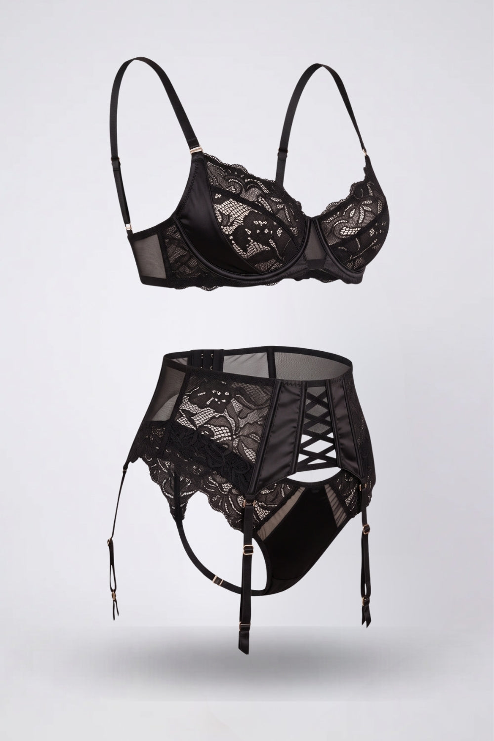 waist-defining lace three-piece lingerie set in black #Color_Black