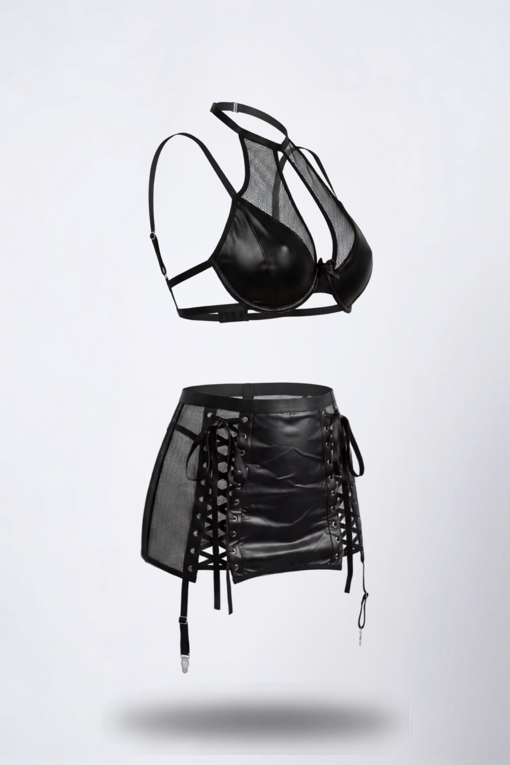 Mesh halter lace-up two-piece lingerie set in black