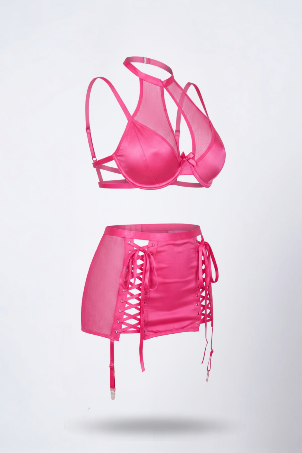 Mesh halter lace-up two-piece lingerie set in hot pink