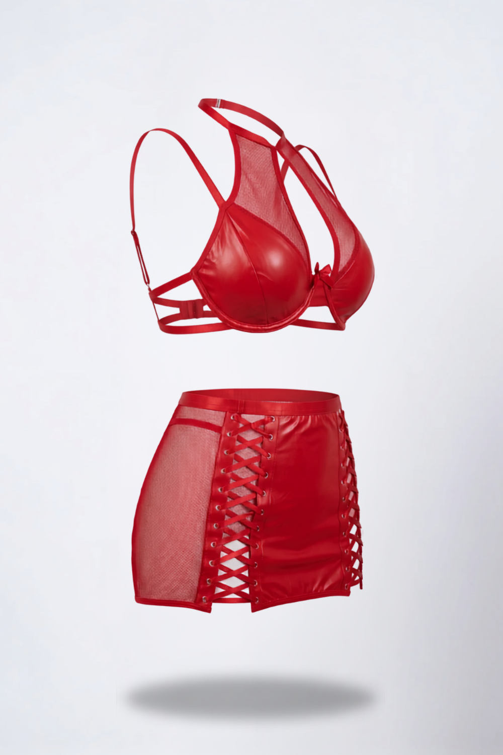 Mesh halter lace-up two-piece lingerie set in red