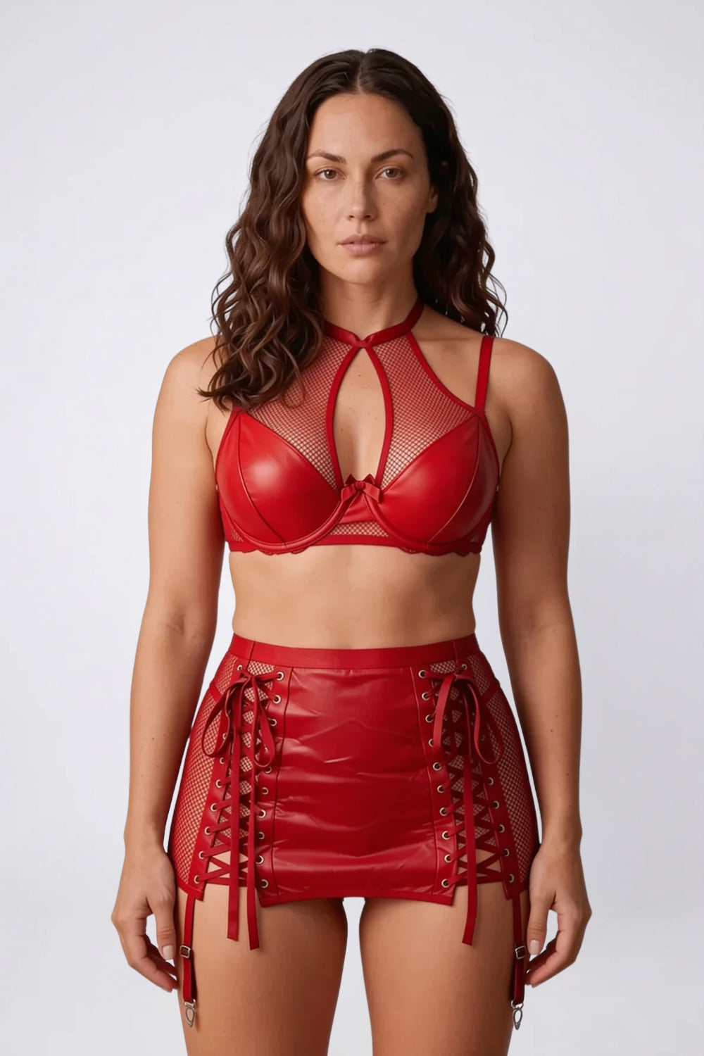 Model wearing mesh halter lace-up two-piece lingerie set in red