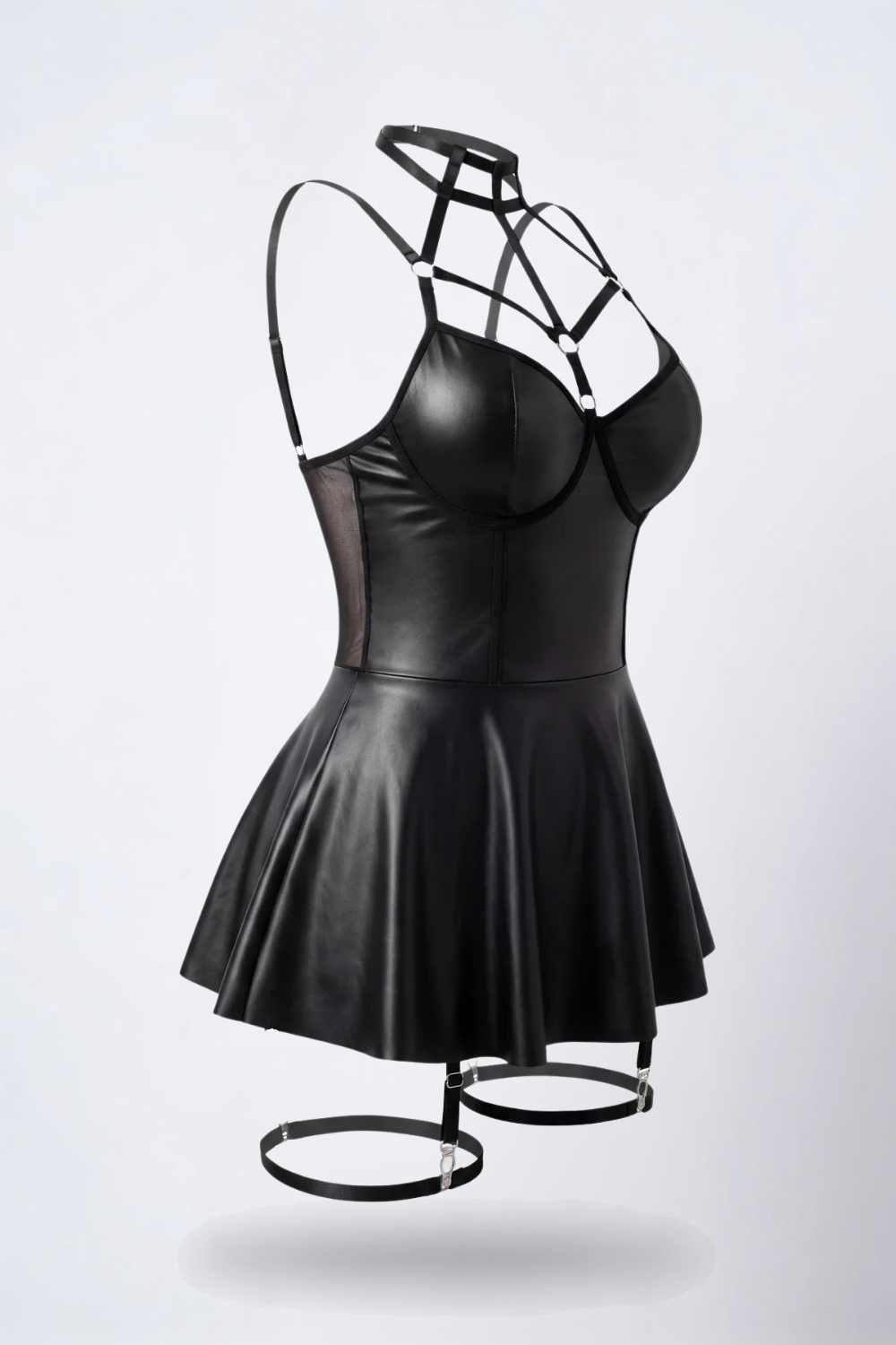 Strappy cutout grain finish mini dress in black