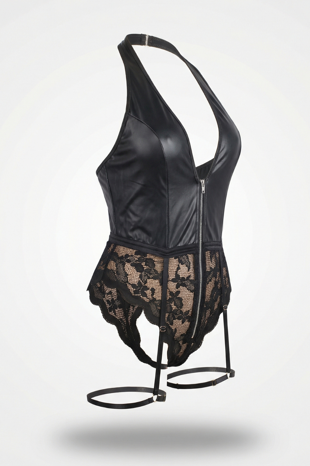 Zip-front lace grain finish bodysuit in black#Color_Black