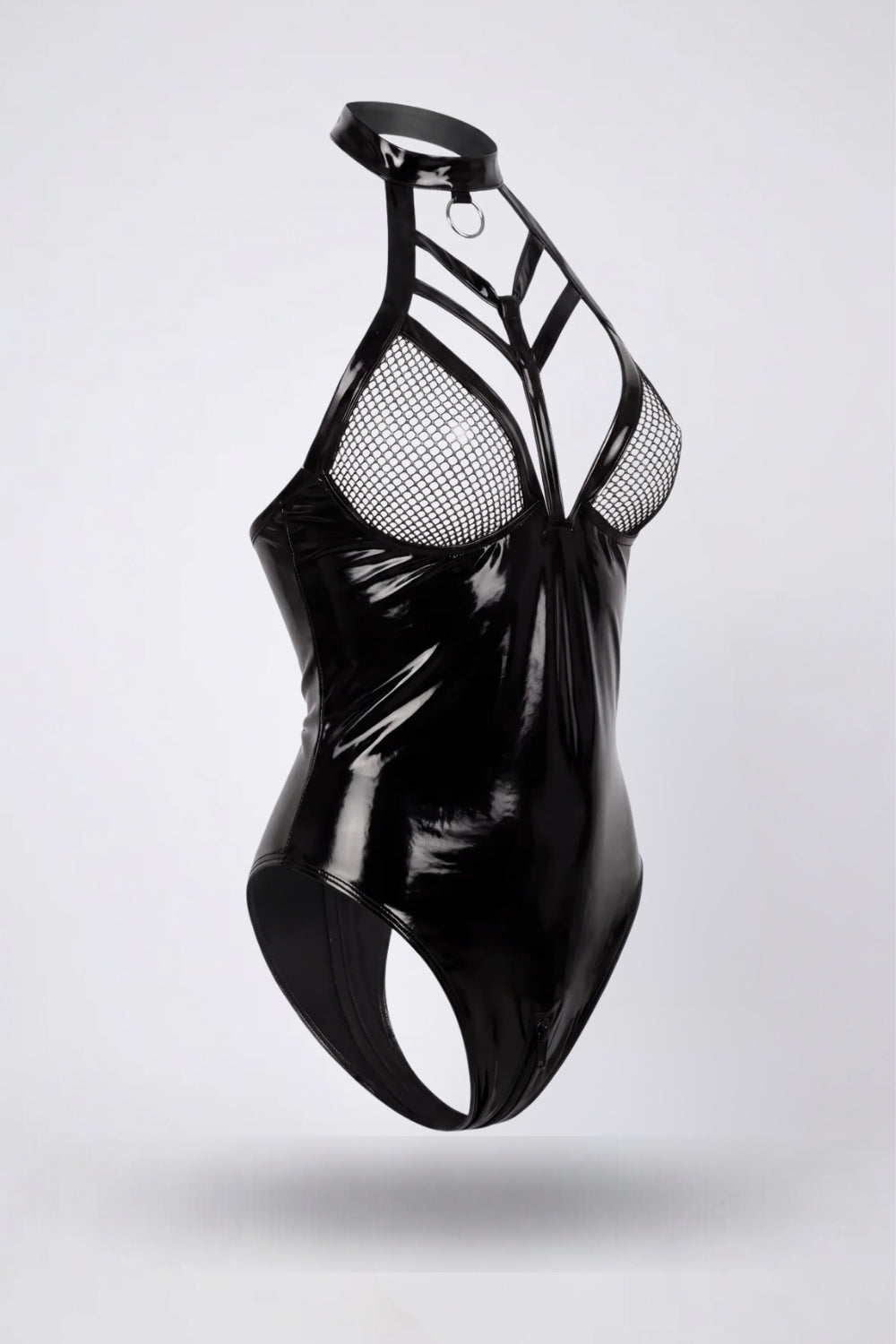 Glossy fishnet cutout bodysuit in black