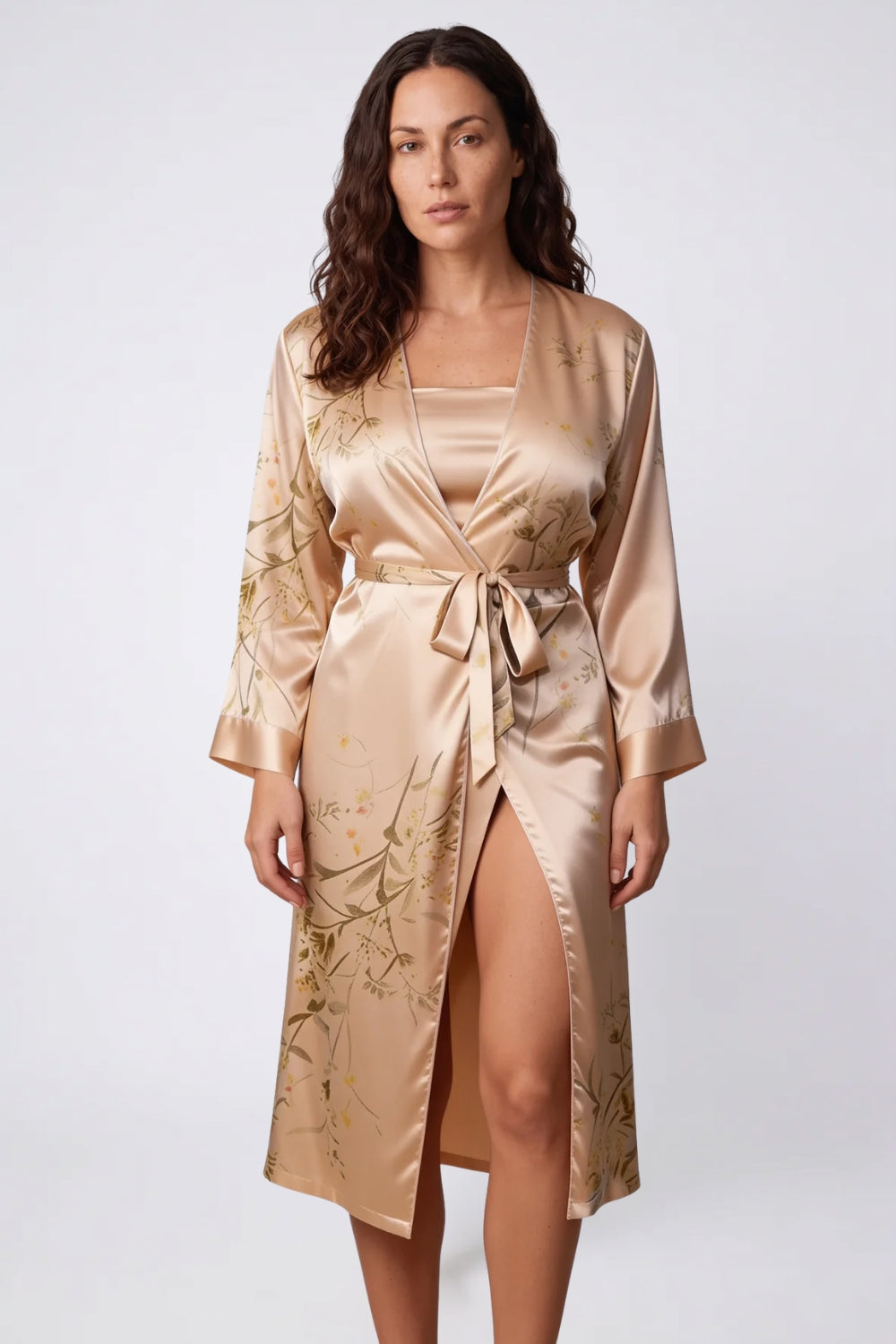 Model wearing floral satin wrap robe in beige
