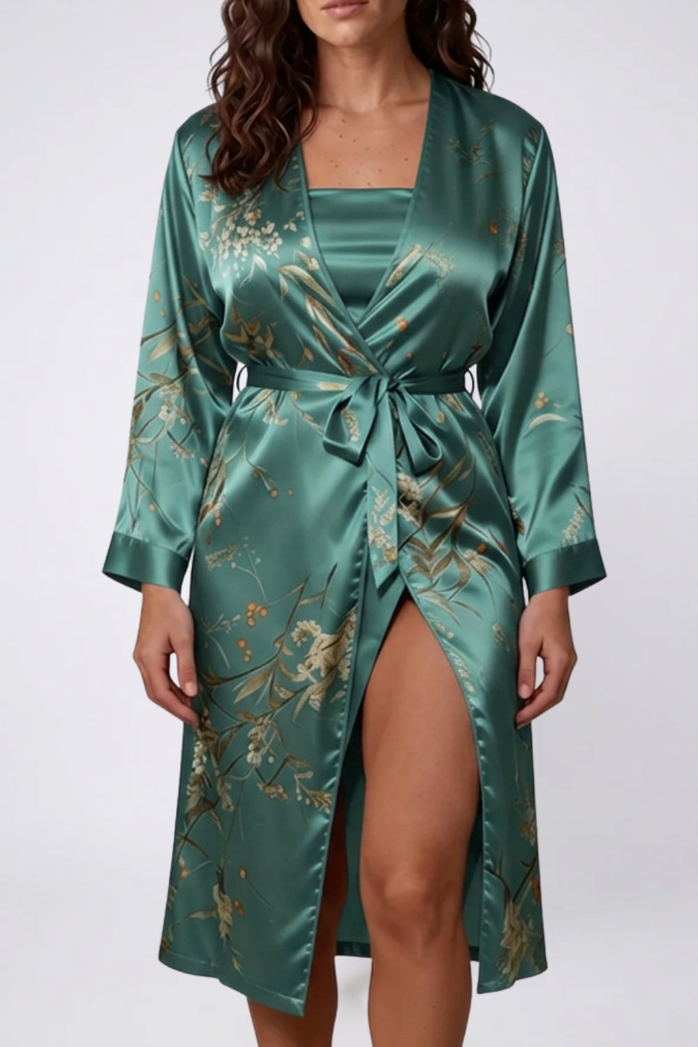 Floral satin wrap robe in green