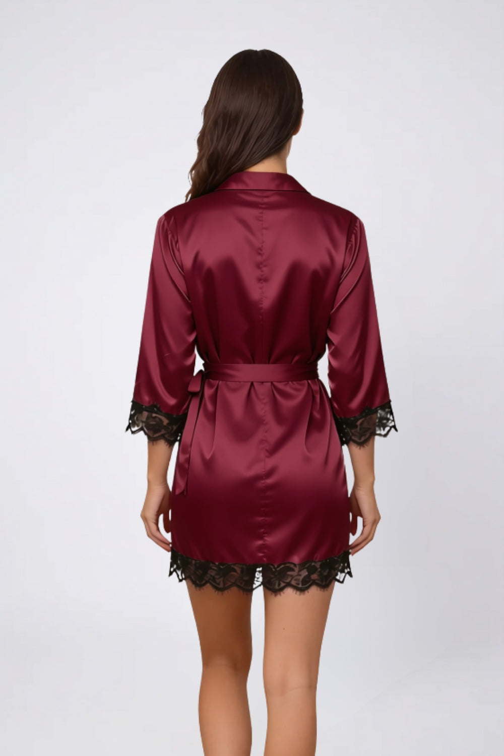 Model wearing satin lace trim lounge three-piece set in burgundy, alternate view
