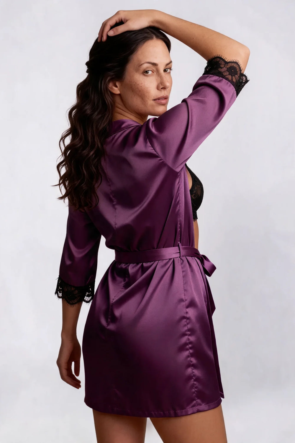 Model wearing satin lace trim lounge three-piece set in purple, alternate view