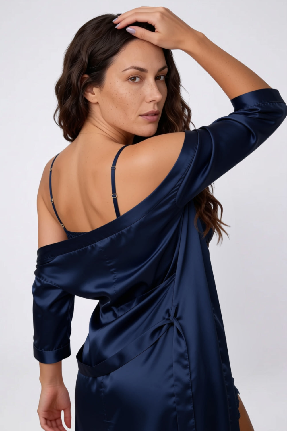 Model wearing satin lace trim romantic three-piece set in navy blue, alternate view