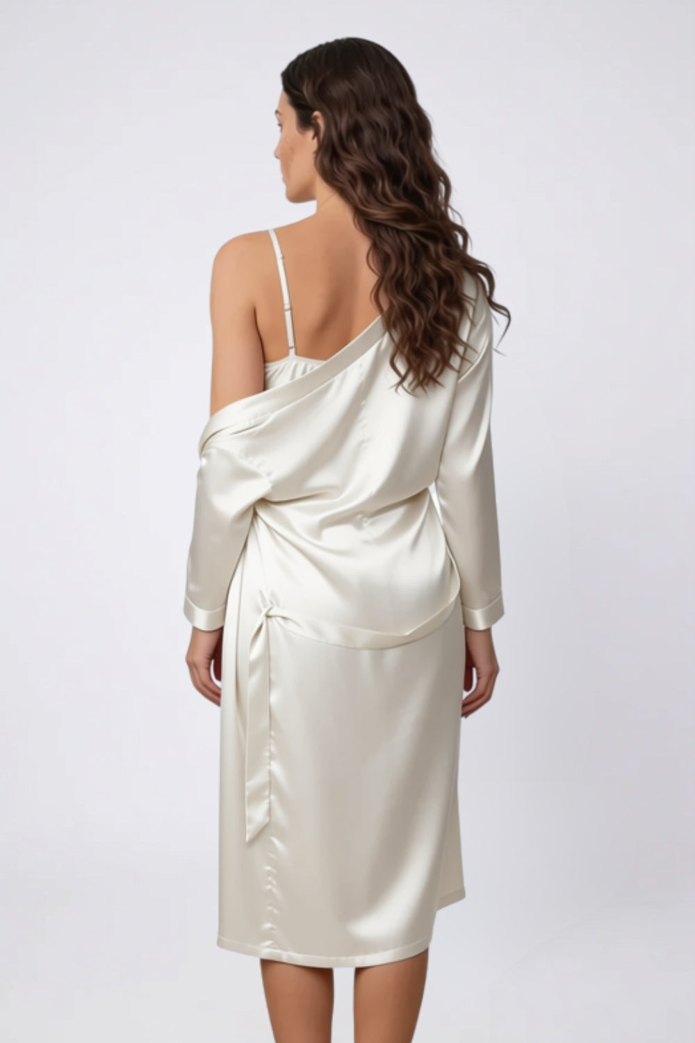 Model wearing satin lace trim romantic three-piece set in white, alternate view