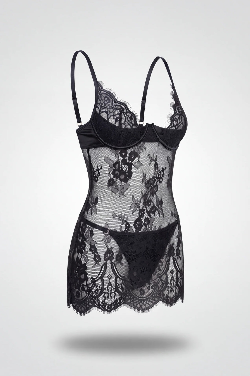 Sheer floral lace babydoll in black