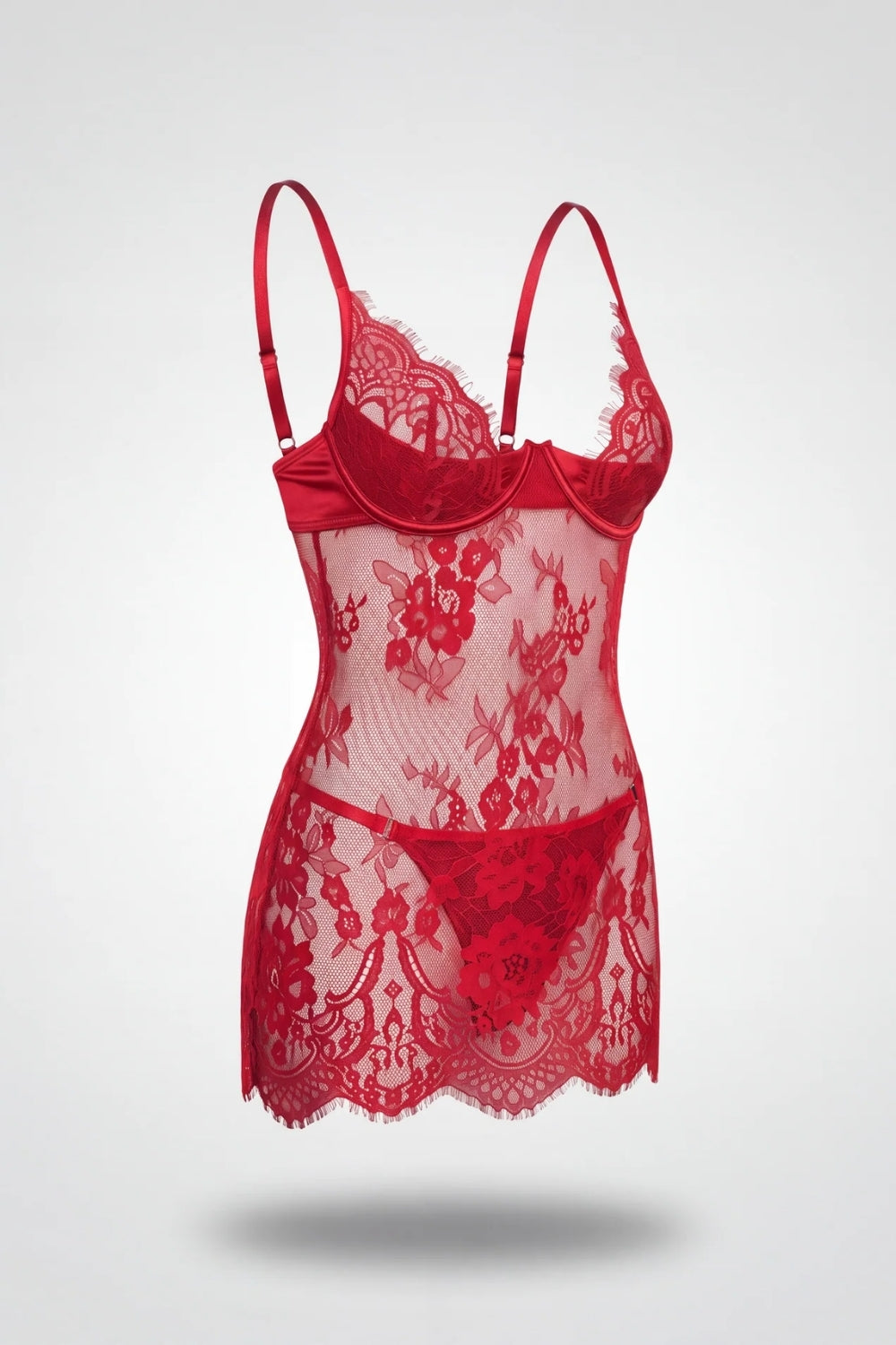 Sheer floral lace babydoll in red