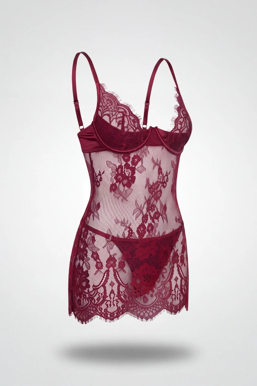 Sheer floral lace babydoll in wine red