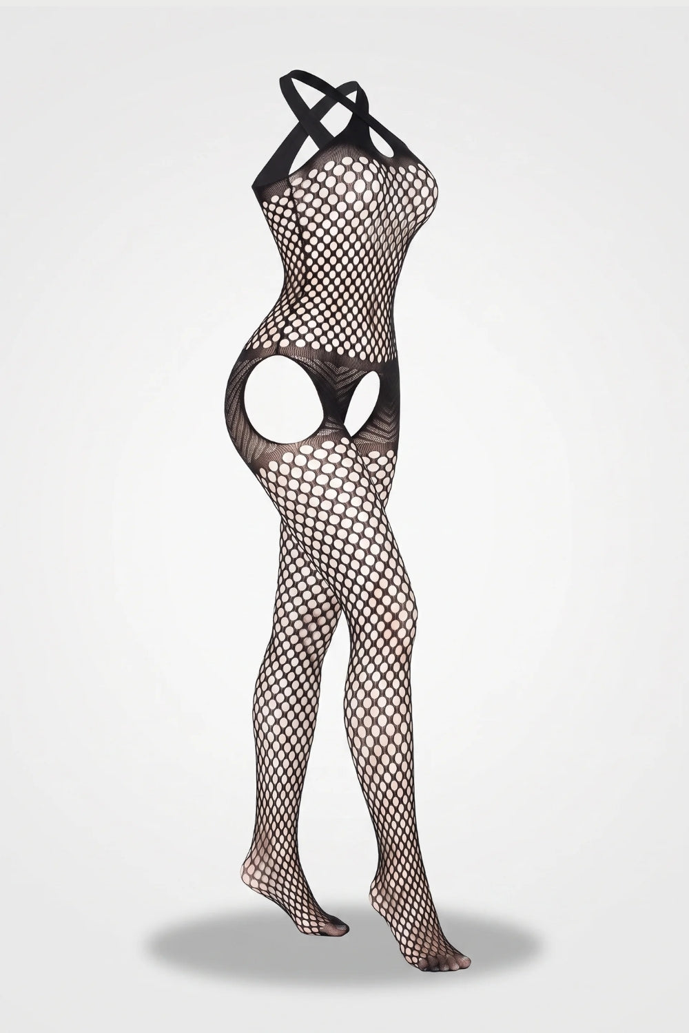 Crisscross halter cutout design full bodystocking in black#Color_Black