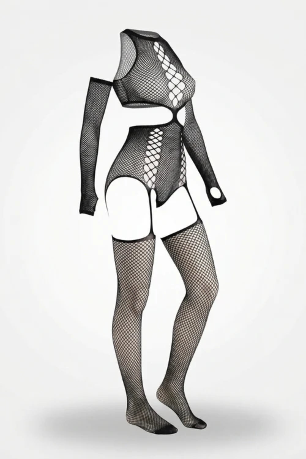 Fishnet cutout illusion full bodystocking in black