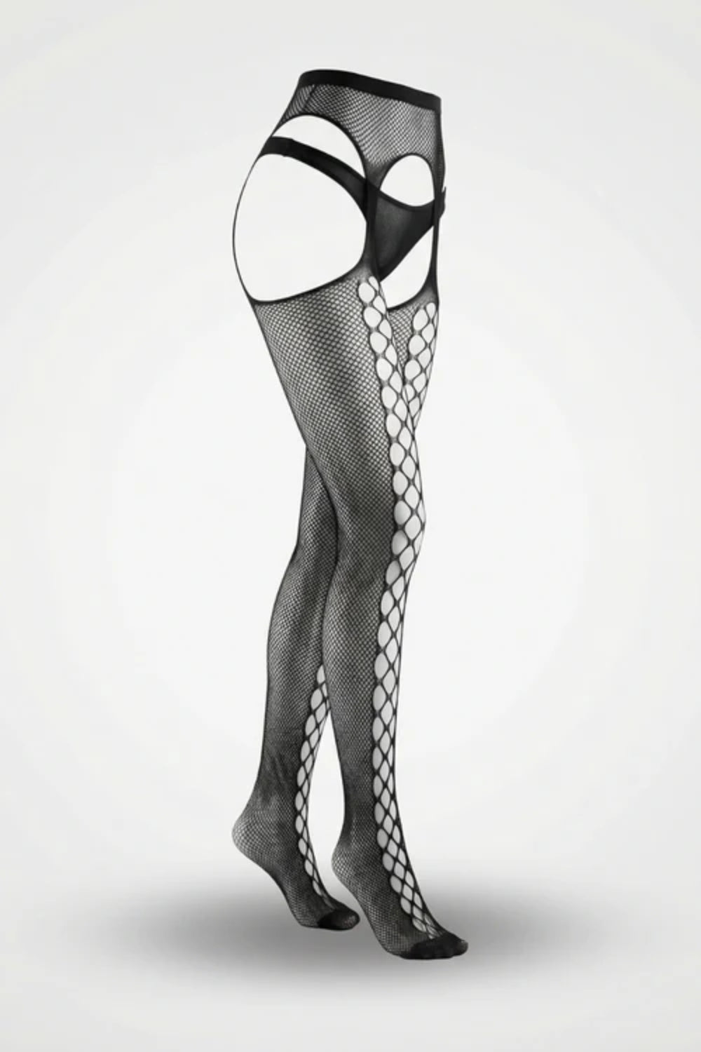 Fishnet garter illusion with side cutouts thigh-high stockings in black