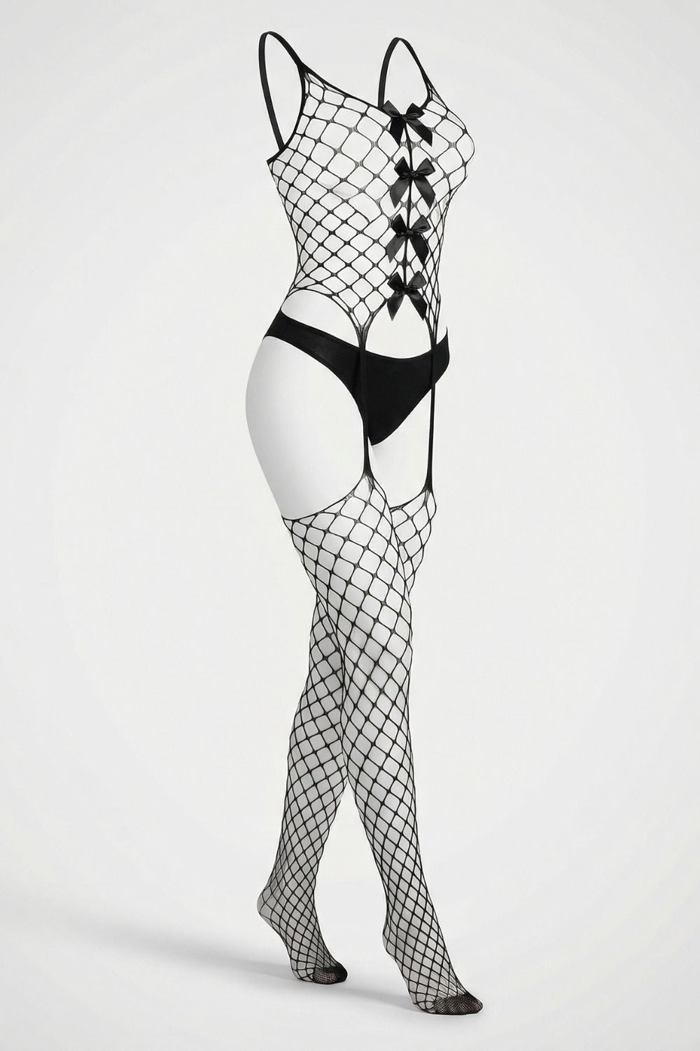 Fishnet lace-up with attached stockings full bodystocking in black #Color_Black