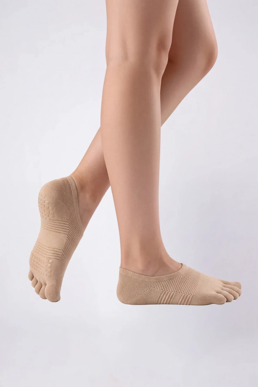 Model wearing five-toe no-show stockings in nude, alternate view