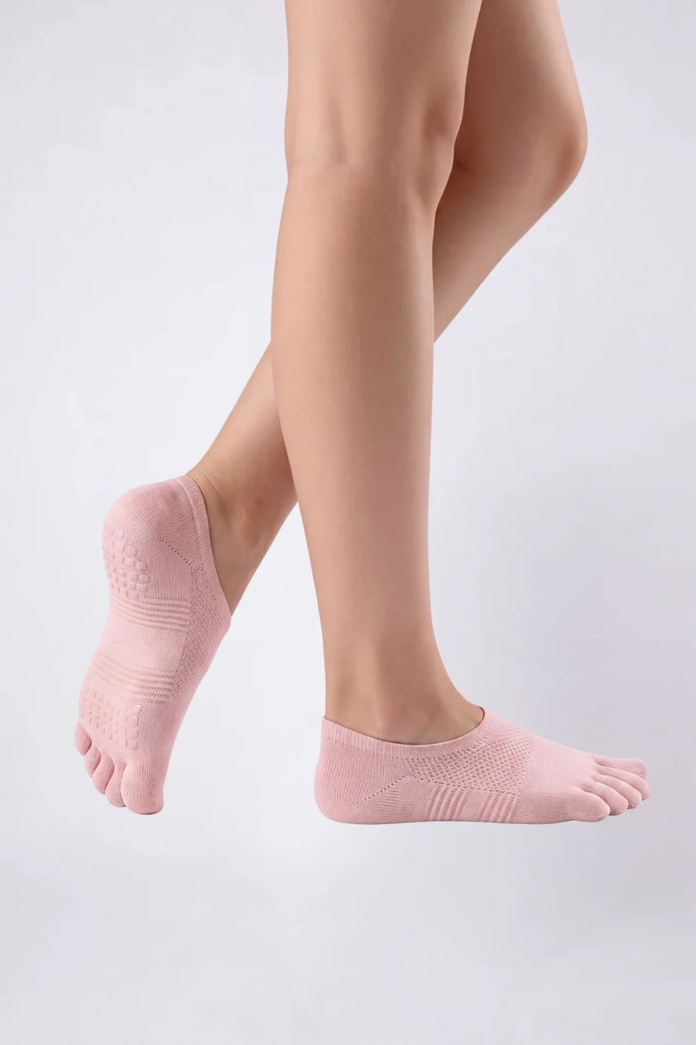 Model wearing five-toe no-show stockings in pink, alternate view
